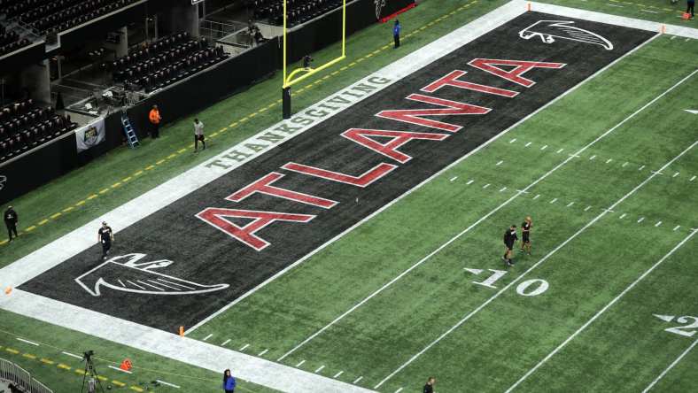 Atlanta Falcons logo in end zone during NFL season