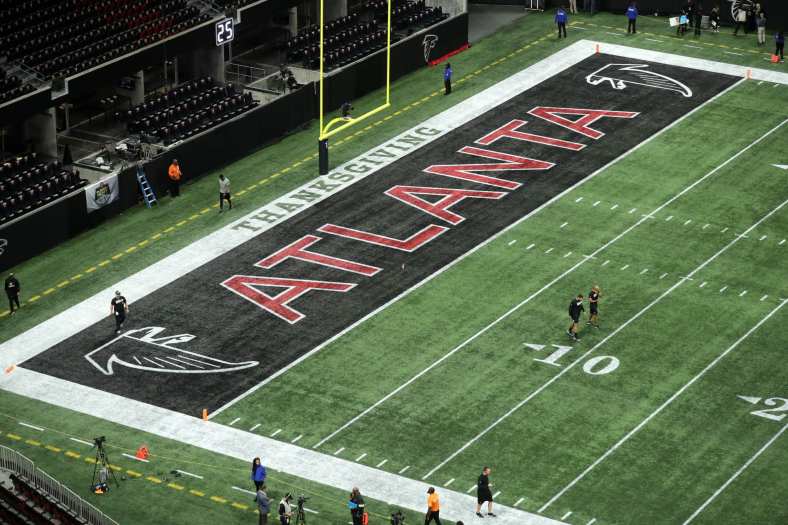 Atlanta Falcons logo in end zone during NFL season