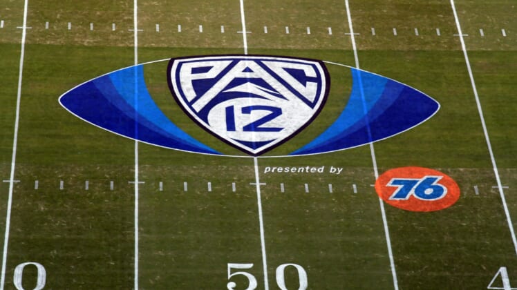 Pac 12 football logo on field during 2019 season