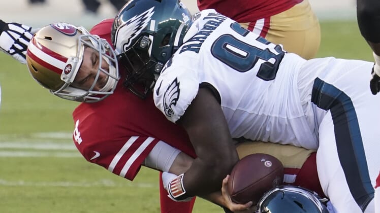 49ers' Nick Mullens hit by Eagles' Javon Hargrave NFL Week 4