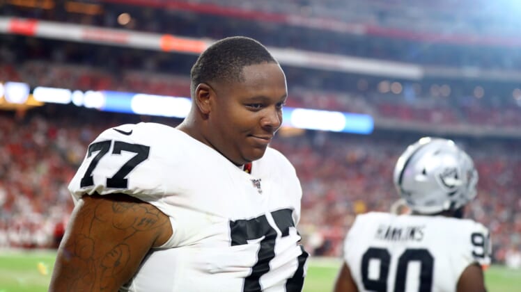 Raiders' Trent Brown before NFL game against the Cardinals