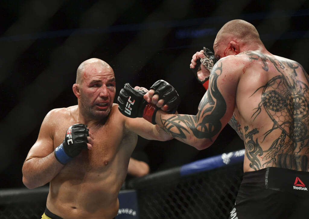 May 13, 2020; Jacksonville, Florida, USA; Anthony Smith (red gloves) fights Glover Teixeira (blue gloves) during UFC Fight Night at VyStar Veterans Memorial Arena. Mandatory Credit: Jasen Vinlove-USA TODAY Sports