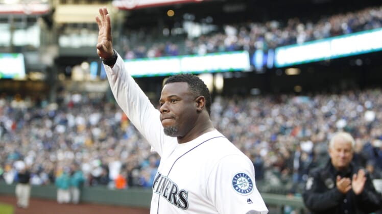 Apr 14, 2017; Seattle, WA, USA; Former Seattle Mariner Ken Griffey Jr. waves to the crowd before a game against the Texas Rangers at Safeco Field. Mandatory Credit: Jennifer Buchanan-USA TODAY Sports
