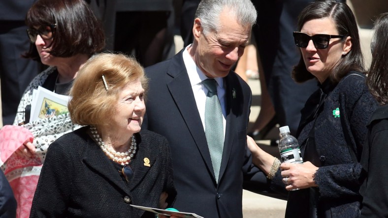 Apr 18, 2017; Pittsburgh, PA, USA;  Pittsburgh Steelers owner Art Rooney II accompanies his mother Patricia Rooney (R) widow of Pittsburgh Steelers chairman Daniel Rooney after his funeral service at Saint Paul Cathedral. Mandatory Credit: Charles LeClaire-USA TODAY Sports