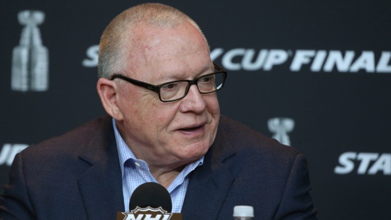 May 28, 2017; Pittsburgh, PA, USA;  Pittsburgh Penguins general manager Jim Rutherford addresses reporters during media day before the start of the 2017 Stanley Cup Final at PPG PAINTS Arena. Mandatory Credit: Charles LeClaire-USA TODAY Sports