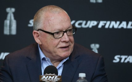 May 28, 2017; Pittsburgh, PA, USA;  Pittsburgh Penguins general manager Jim Rutherford addresses reporters during media day before the start of the 2017 Stanley Cup Final at PPG PAINTS Arena. Mandatory Credit: Charles LeClaire-USA TODAY Sports