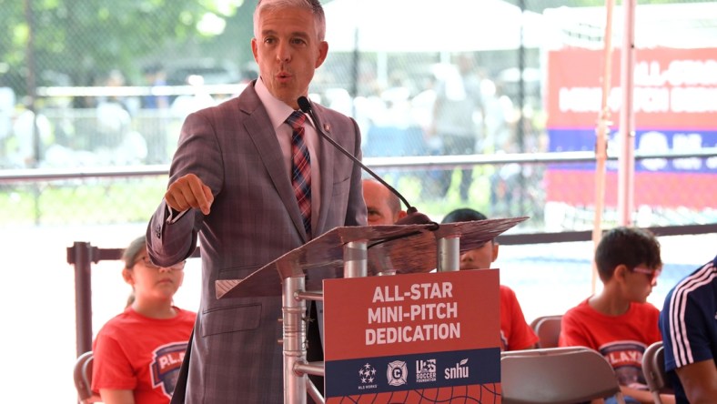 Jul 31, 2017; Chicago, IL, USA; Chicago Fire general manager Nelson Rodriguez speaks during the All-Star mini-pitch dedication during the MLS WORKS Community Day at Gage Park. Mandatory Credit: Patrick Gorski-USA TODAY Sports