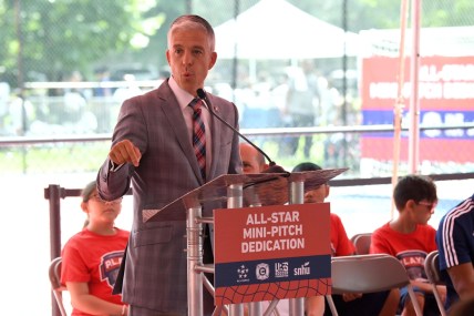 Jul 31, 2017; Chicago, IL, USA; Chicago Fire general manager Nelson Rodriguez speaks during the All-Star mini-pitch dedication during the MLS WORKS Community Day at Gage Park. Mandatory Credit: Patrick Gorski-USA TODAY Sports