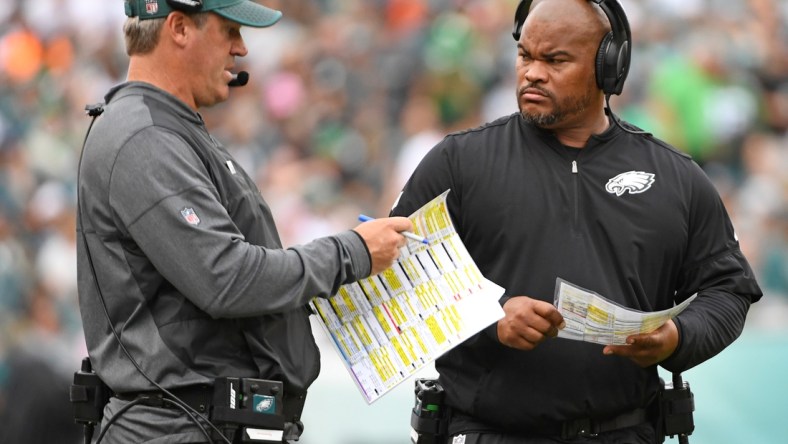 Oct 8, 2017; Philadelphia, PA, USA; Philadelphia Eagles head coach Doug Pederson and running backs coach Duce Staley against the Arizona Cardinals during the second half at Lincoln Financial Field. Mandatory Credit: Eric Hartline-USA TODAY Sports