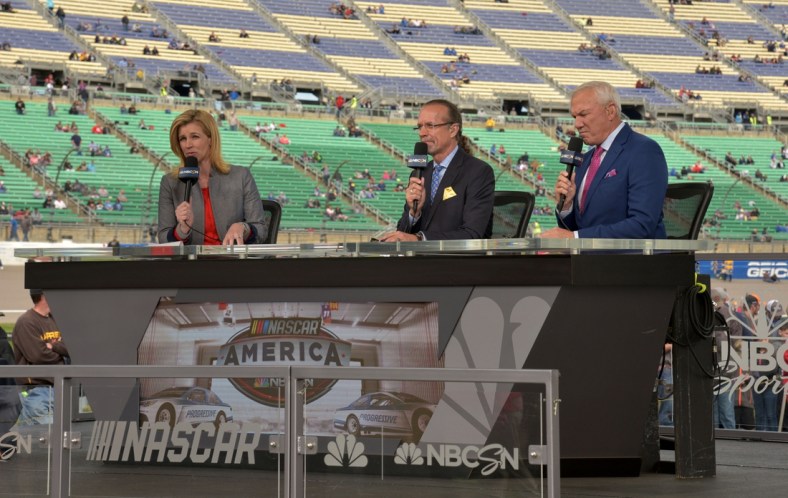 Oct 22, 2017; Kansas City, KS, USA; The NBC announcer crew speak prior to the Hollywood Casino 400 at Kansas Speedway. Mandatory Credit: Denny Medley-USA TODAY Sports