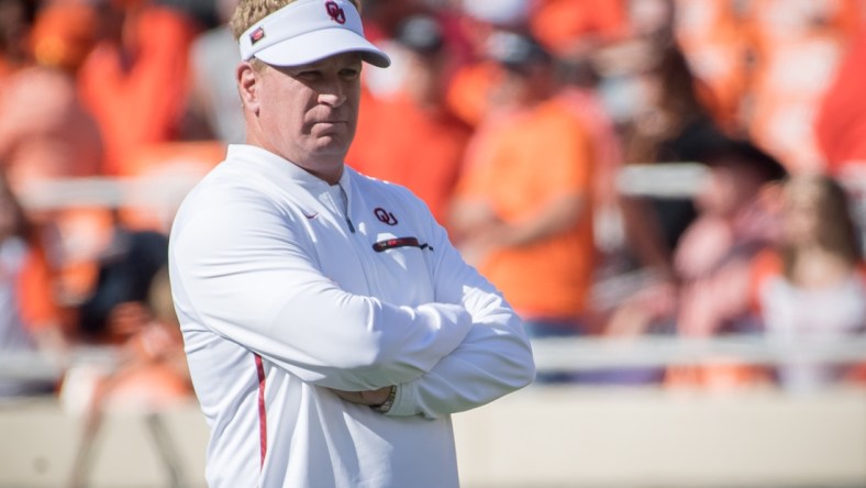 Nov 4, 2017; Stillwater, OK, USA; Oklahoma Sooners defensive coordinator Mike Stoops before the game against the Oklahoma State Cowboys at Boone Pickens Stadium. Mandatory Credit: Rob Ferguson-USA TODAY Sports