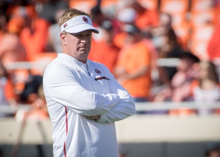 Nov 4, 2017; Stillwater, OK, USA; Oklahoma Sooners defensive coordinator Mike Stoops before the game against the Oklahoma State Cowboys at Boone Pickens Stadium. Mandatory Credit: Rob Ferguson-USA TODAY Sports
