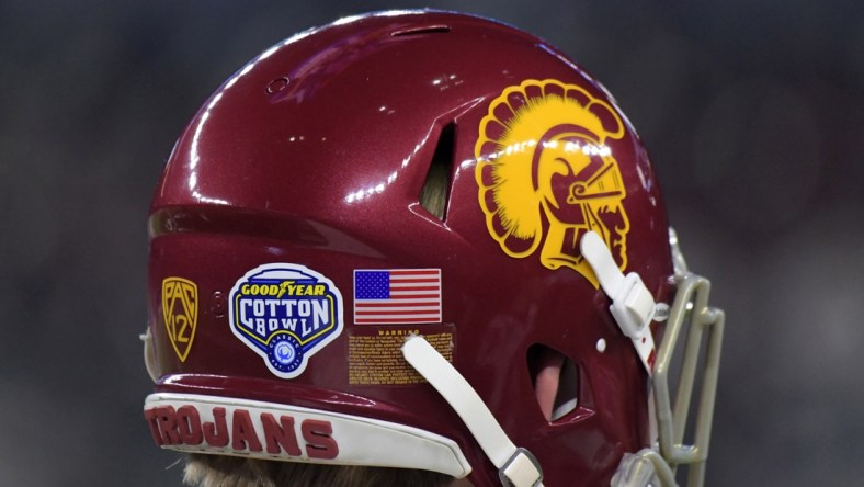 Dec 29, 2017; Arlington, TX, USA; General overall view of the 2017 Cotton Bowl logo on the back of the helmet of Southern California Trojans long snapper Jake Olson at AT&T Stadium. Mandatory Credit: Kirby Lee-USA TODAY Sports