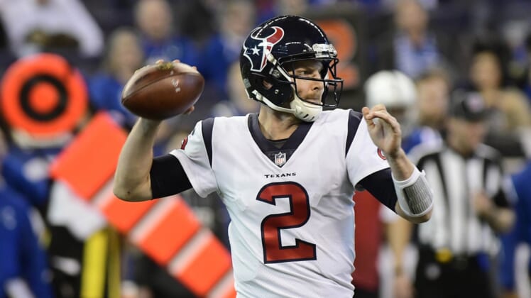 Dec 31, 2017; Indianapolis, IN, USA; Houston Texans quarterback T.J. Yates (2) drops back to pass during the fourth quarter against the Indianapolis Colts at Lucas Oil Stadium. Mandatory Credit: Thomas J. Russo-USA TODAY Sports