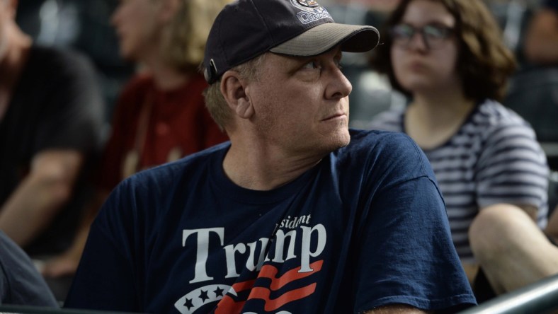 Aug 3, 2018; Phoenix, AZ, USA; MLB Hall of Fame pitcher Curt Schilling looks on during the first inning of the game between the Arizona Diamondbacks and the San Francisco Giants at Chase Field. Mandatory Credit: Joe Camporeale-USA TODAY Sports