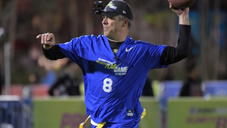 Jan 25, 2019; Kissimmee, FL, USA; Mark Brunell throws a pass during the Play Football Celebrity Flag Game at ESPN Wide World of Sports Complex. Mandatory Credit: Kirby Lee-USA TODAY Sports