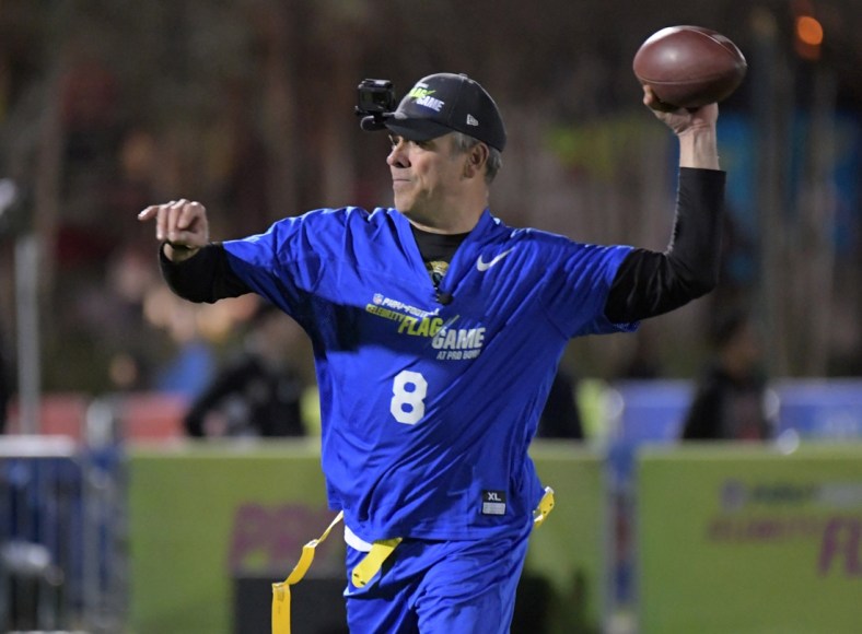 Jan 25, 2019; Kissimmee, FL, USA; Mark Brunell throws a pass during the Play Football Celebrity Flag Game at ESPN Wide World of Sports Complex. Mandatory Credit: Kirby Lee-USA TODAY Sports