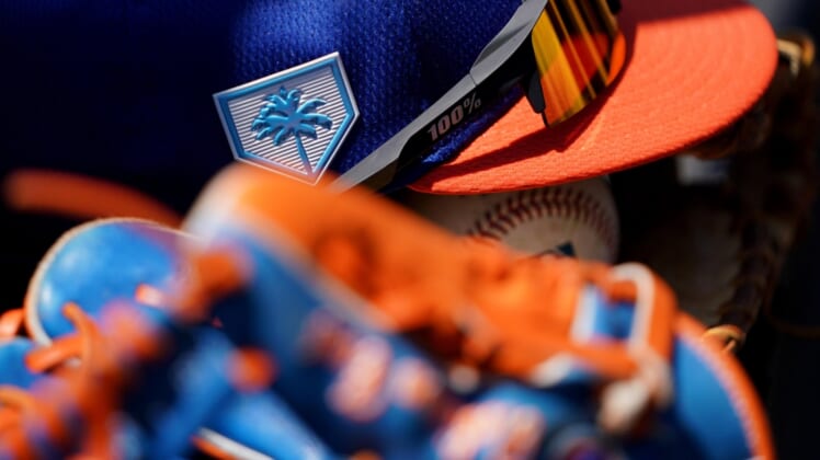 Mar 23, 2019; Lake Buena Vista, FL, USA; A view of the Grapefruit League logo on the hat of New York Mets second baseman Robinson Cano (24) prior to the game against the Atlanta Braves at Champion Stadium. Mandatory Credit: Aaron Doster-USA TODAY Sports