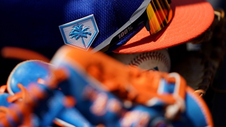 Mar 23, 2019; Lake Buena Vista, FL, USA; A view of the Grapefruit League logo on the hat of New York Mets second baseman Robinson Cano (24) prior to the game against the Atlanta Braves at Champion Stadium. Mandatory Credit: Aaron Doster-USA TODAY Sports