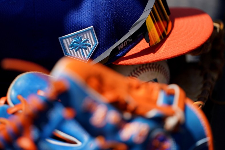 Mar 23, 2019; Lake Buena Vista, FL, USA; A view of the Grapefruit League logo on the hat of New York Mets second baseman Robinson Cano (24) prior to the game against the Atlanta Braves at Champion Stadium. Mandatory Credit: Aaron Doster-USA TODAY Sports
