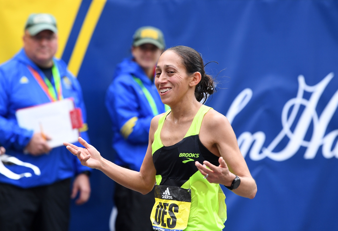 Apr 15, 2019; Boston, MA, USA; Desiree Linden (USA) reacts at the finish line in the 2019 Boston Marathon. Mandatory Credit: Brian Fluharty-USA TODAY Sports