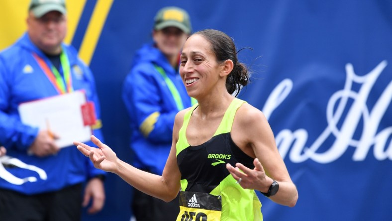 Apr 15, 2019; Boston, MA, USA; Desiree Linden (USA) reacts at the finish line in the 2019 Boston Marathon. Mandatory Credit: Brian Fluharty-USA TODAY Sports