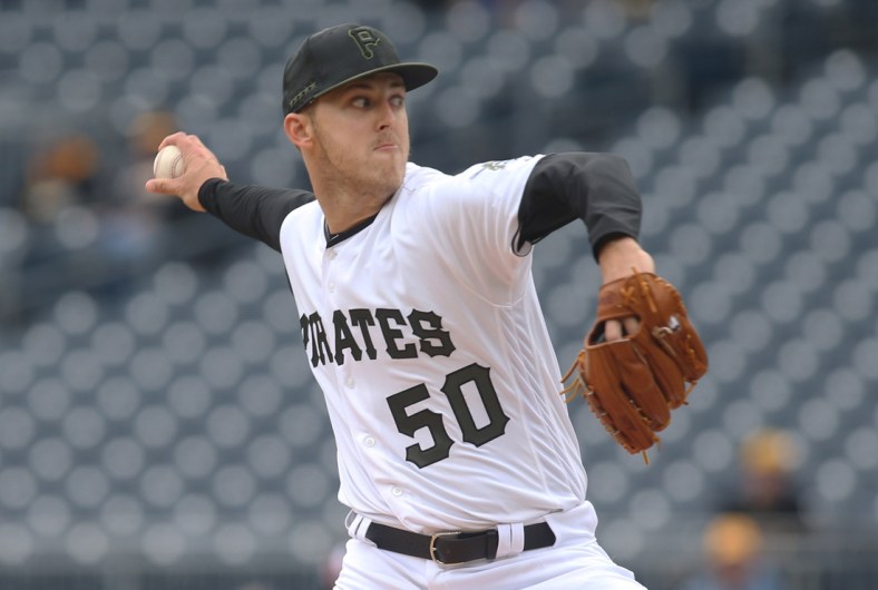 Apr 25, 2019; Pittsburgh, PA, USA;  Pittsburgh Pirates starting pitcher Jameson Taillon (50) delivers a pitch against the Arizona Diamondbacks during the first inning at PNC Park. Mandatory Credit: Charles LeClaire-USA TODAY Sports
