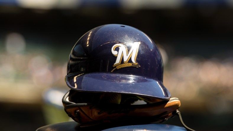 Apr 21, 2019; Milwaukee, WI, USA; A Milwaukee Brewers helmet sits on a stool prior to the game against the Los Angeles Dodgers at Miller Park. Mandatory Credit: Jeff Hanisch-USA TODAY Sports