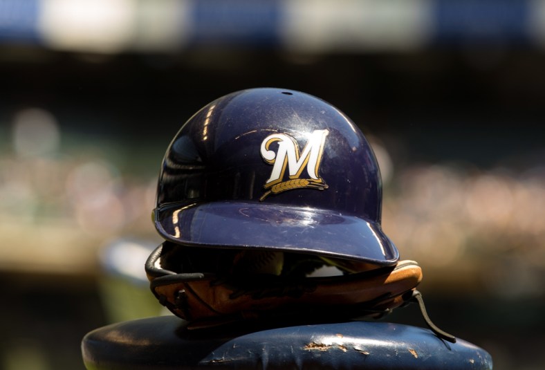 Apr 21, 2019; Milwaukee, WI, USA; A Milwaukee Brewers helmet sits on a stool prior to the game against the Los Angeles Dodgers at Miller Park. Mandatory Credit: Jeff Hanisch-USA TODAY Sports