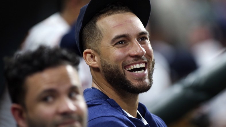 May 20, 2019; Houston, TX, USA; Houston Astros center fielder George Springer (4) smiles in the dugout during the third inning against the Chicago White Sox at Minute Maid Park. Mandatory Credit: Troy Taormina-USA TODAY Sports