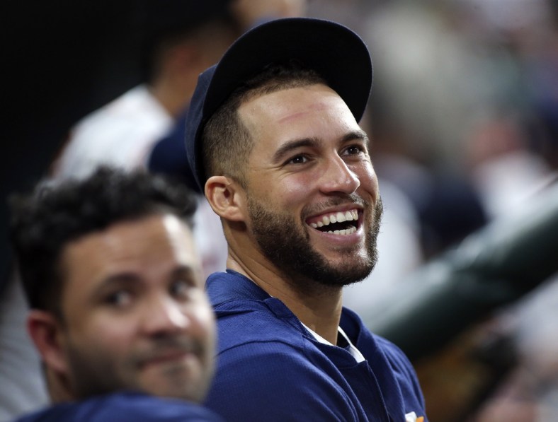 May 20, 2019; Houston, TX, USA; Houston Astros center fielder George Springer (4) smiles in the dugout during the third inning against the Chicago White Sox at Minute Maid Park. Mandatory Credit: Troy Taormina-USA TODAY Sports
