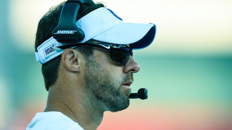 Aug 8, 2019; Orchard Park, NY, USA; Indianapolis Colts offensive coordinator Nick Sirianni looks on against the Buffalo Bills during the second quarter at New Era Field. Mandatory Credit: Rich Barnes-USA TODAY Sports