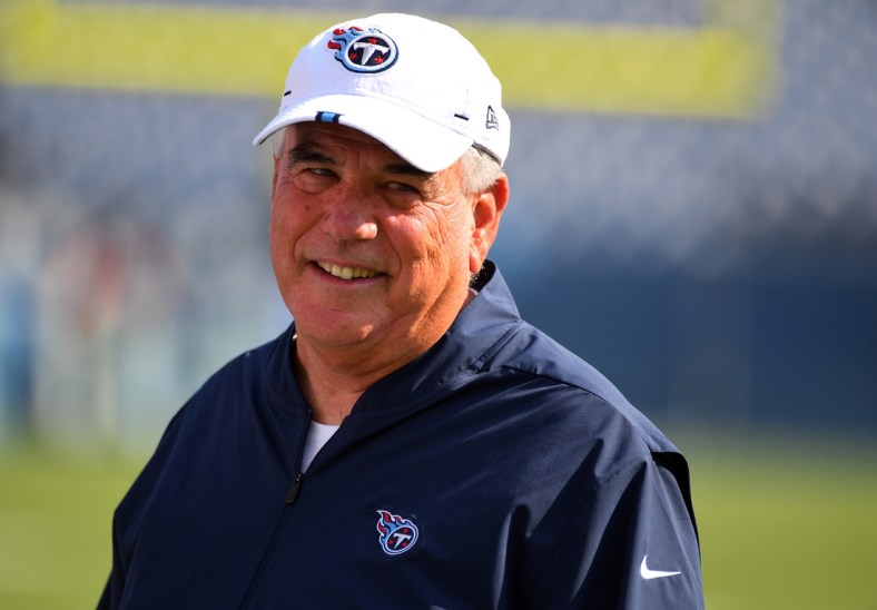 Aug 17, 2019; Nashville, TN, USA; Tennessee Titans defensive coordinator Dean Pees before the game against the New England Patriots at Nissan Stadium. Mandatory Credit: Christopher Hanewinckel-USA TODAY Sports