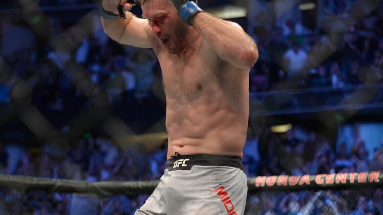 August 17, 2019; Anaheim, CA, USA; Stipe Miocic reacts after his TKO championship victory against Daniel Cormier during UFC 241 at Honda Center. Mandatory Credit: Gary A. Vasquez-USA TODAY Sports