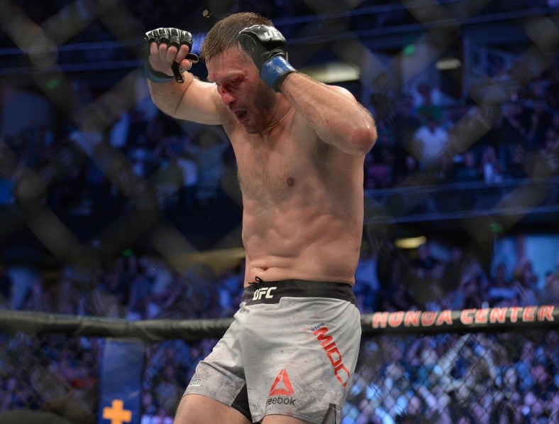 August 17, 2019; Anaheim, CA, USA; Stipe Miocic reacts after his TKO championship victory against Daniel Cormier during UFC 241 at Honda Center. Mandatory Credit: Gary A. Vasquez-USA TODAY Sports
