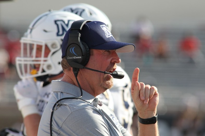 Aug 31, 2019; Lubbock, TX, USA; Montana State Bobcats head coach Jeff Choate signals a play in the second half during the game against the Texas Tech Red Raiders at Jones AT&T Stadium. Mandatory Credit: Michael C. Johnson-USA TODAY Sports