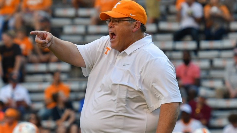 Sep 7, 2019; Knoxville, TN, USA; Tennessee Volunteers offensive coordinator Jim Chaney before the game against the Brigham Young Cougars at Neyland Stadium. Mandatory Credit: Randy Sartin-USA TODAY Sports