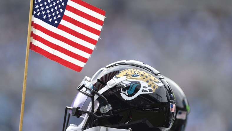 Oct 6, 2019; Charlotte, NC, USA; Jacksonville Jaguars helmet in the third quarter at Bank of America Stadium. Mandatory Credit: Bob Donnan-USA TODAY Sports