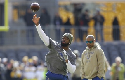 Nov 3, 2019; Pittsburgh, PA, USA;  Indianapolis Colts quarterback Jacoby Brissett (left) throws on the field as the Colts quarterbacks coach Marcus Brady (right) looks on before the game against the Pittsburgh Steelers at Heinz Field. Mandatory Credit: Charles LeClaire-USA TODAY Sports