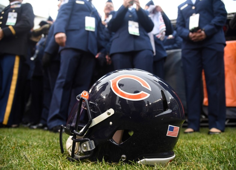 Nov 10, 2019; Chicago, IL, USA; A detailed view of the Chicago Bears helmet before the game against the Detroit Lions at Soldier Field. Mandatory Credit: Mike DiNovo-USA TODAY Sports