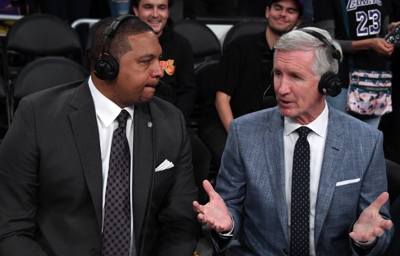 Nov 13, 2019; Los Angeles, CA, USA; ESPN analyst Mark Jackson (left) and play-by-play commentator Mike Breen during the NBA game between the Los Angeles Lakers and the Golden State Warriors  Staples Center. The Lakers defeated the Warriors 120-94. Mandatory Credit: Kirby Lee-USA TODAY Sports