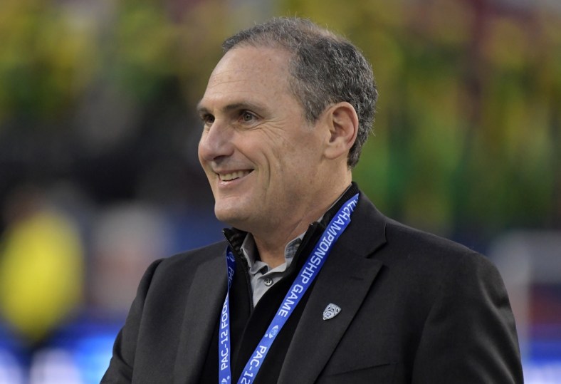 Dec 6, 2019; Santa Clara, CA, USA; Pac-12 commissioner Larry Scott attends the Pac-12 Conference championship game between the Oregon Ducks and the Utah Utes at Levi's Stadium. Mandatory Credit: Kirby Lee-USA TODAY Sports