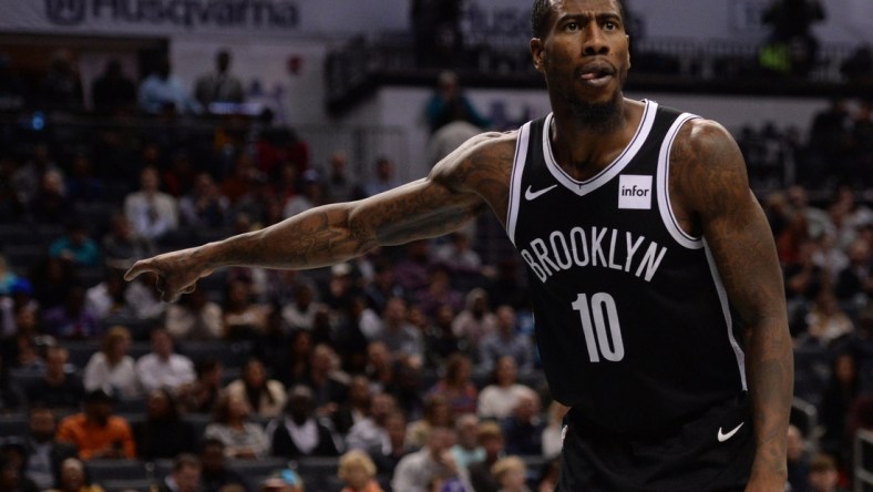 Dec 6, 2019; Charlotte, NC, USA; Brooklyn Nets guard forward Iman Shumpert (10) reacts to a call during the second half against the Charlotte Hornets at the Spectrum Center. Mandatory Credit: Sam Sharpe-USA TODAY Sports