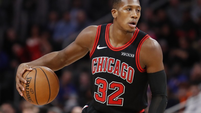 Dec 21, 2019; Detroit, Michigan, USA; Chicago Bulls guard Kris Dunn (32) dribbles the ball during the first quarter against the Detroit Pistons at Little Caesars Arena. Mandatory Credit: Raj Mehta-USA TODAY Sports