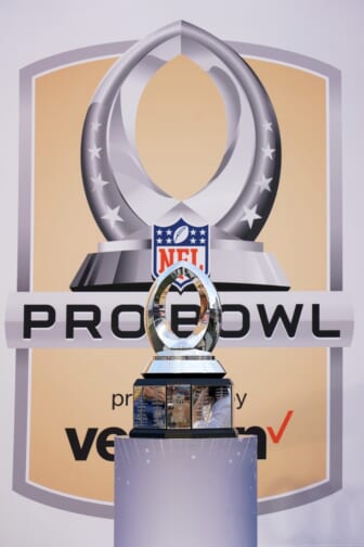 Jan 26, 2020; Orlando, Florida, USA; Detailed view of the Pro Bowl trophy at the 2020 NFL Pro Bowl at Camping World Stadium. The AFC defeated the NFC 38-33.  Mandatory Credit: Kirby Lee-USA TODAY Sports