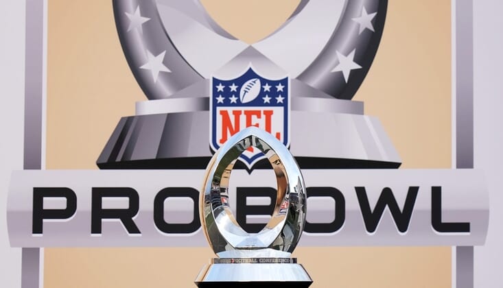 Jan 26, 2020; Orlando, Florida, USA; Detailed view of the Pro Bowl trophy at the 2020 NFL Pro Bowl at Camping World Stadium. The AFC defeated the NFC 38-33.  Mandatory Credit: Kirby Lee-USA TODAY Sports