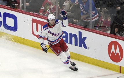 Feb 19, 2020; Chicago, Illinois, USA; New York Rangers center Filip Chytil (72) celebrates his goal against the Chicago Blackhawks during the first period at United Center. Mandatory Credit: David Banks-USA TODAY Sports