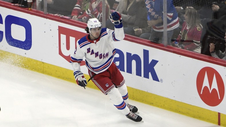 Feb 19, 2020; Chicago, Illinois, USA; New York Rangers center Filip Chytil (72) celebrates his goal against the Chicago Blackhawks during the first period at United Center. Mandatory Credit: David Banks-USA TODAY Sports