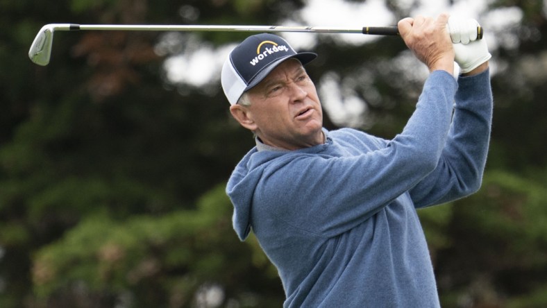 Aug 5, 2020; San Francisco, California, USA; Davis Love III hits his tee shot on the 11th hole during a practice round of the PGA Championship golf tournament at TPC Harding Park. Mandatory Credit: Kyle Terada-USA TODAY Sports