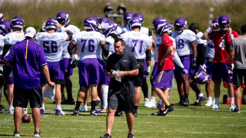 Aug 16, 2020; Eagan, Minnesota, USA; Minnesota Vikings offensive coordinator Gary Kubiak during practice at TCO Performance Center Mandatory Credit: Brad Rempel-USA TODAY Sports